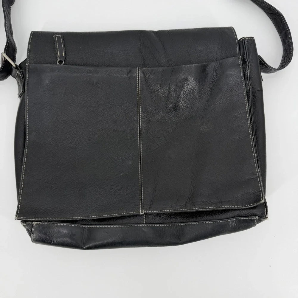 Black Genuine Leather Messenger Bag Crossbody White Stitching Organizer Pocket